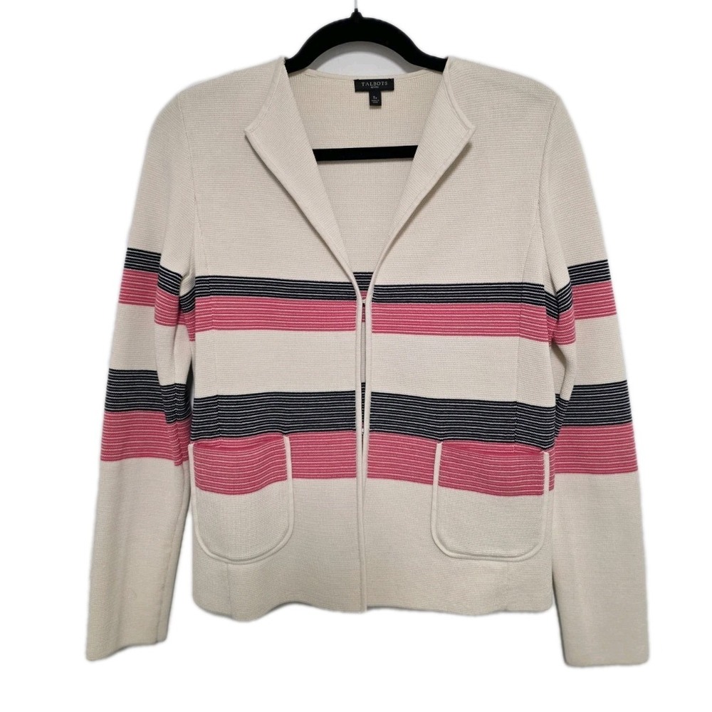 Talbots Petites Knit Cardigan Jacket Pink Black Stripe Hook &‎ Loop SP ✨